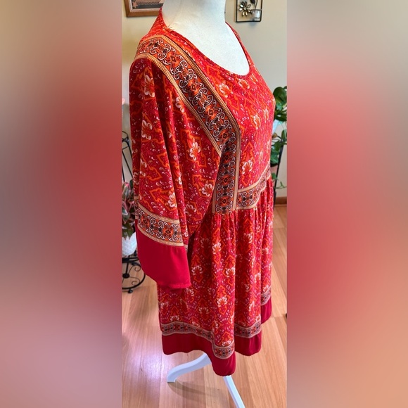 R Vivimos Bohemian Size M Red Orange Floral Pheasant Dress Knee Length Loose Fit - Picture 5 of 15